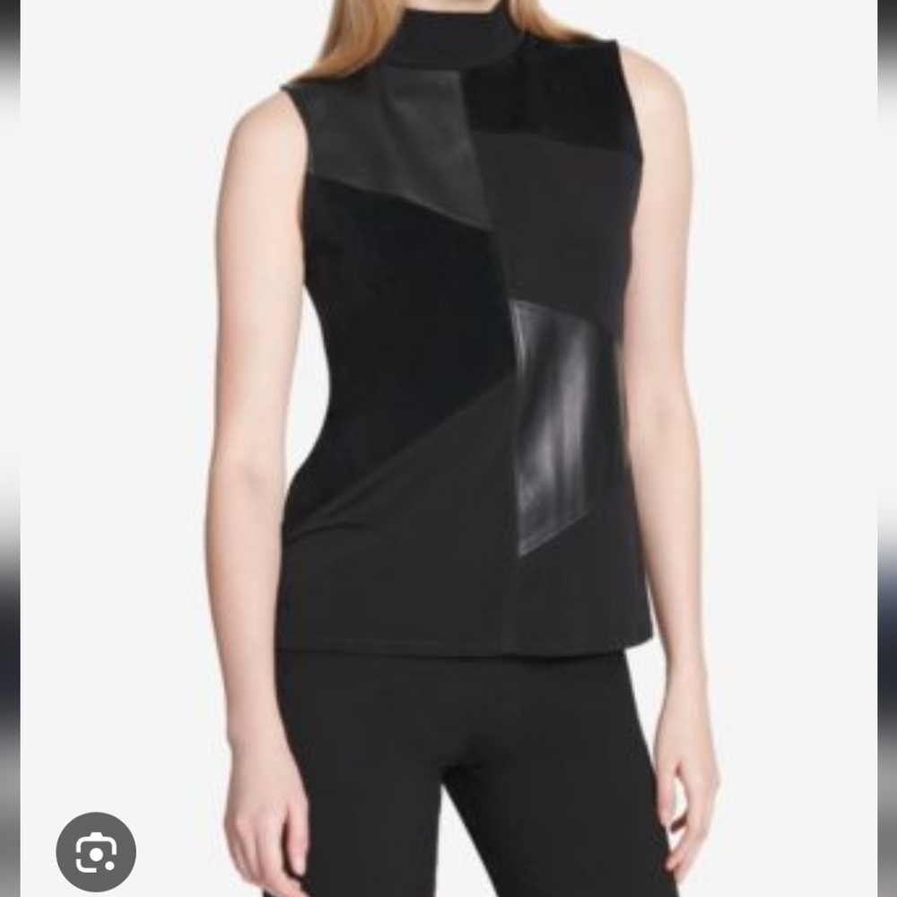 Calvin Klein Black Sleeveless Tank Top, Faux Leather And Suede, Sz L